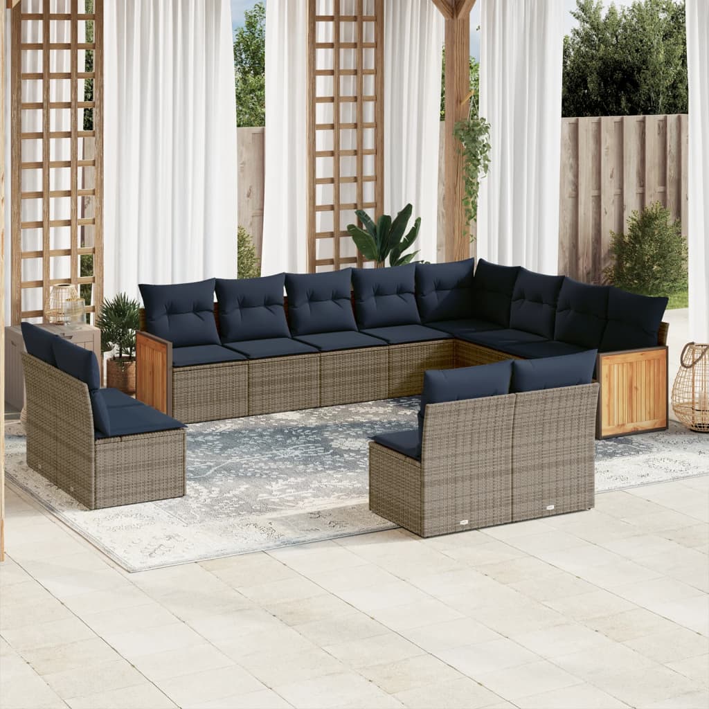 vidaXL 12-teiliges Gartensofa-Set mit Kissen, grau, Polyrattan