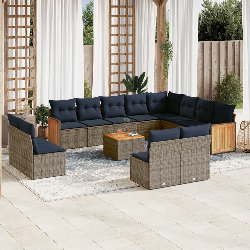 Havesofasæt i polyrattan med hynder - grå/marineblå, 13 dele