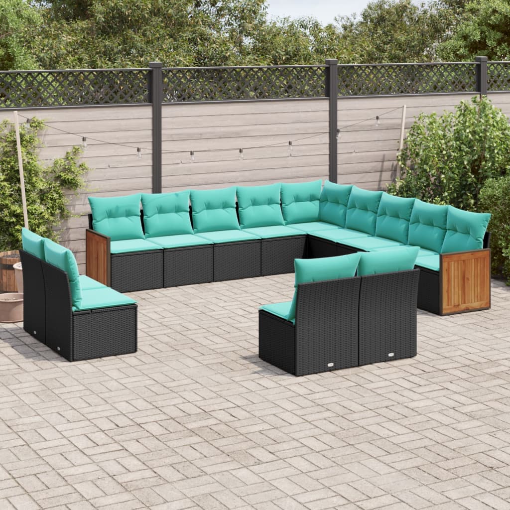 vidaXL 13-teiliges Gartensofa-Set mit Kissen, schwarzes Polyrattan