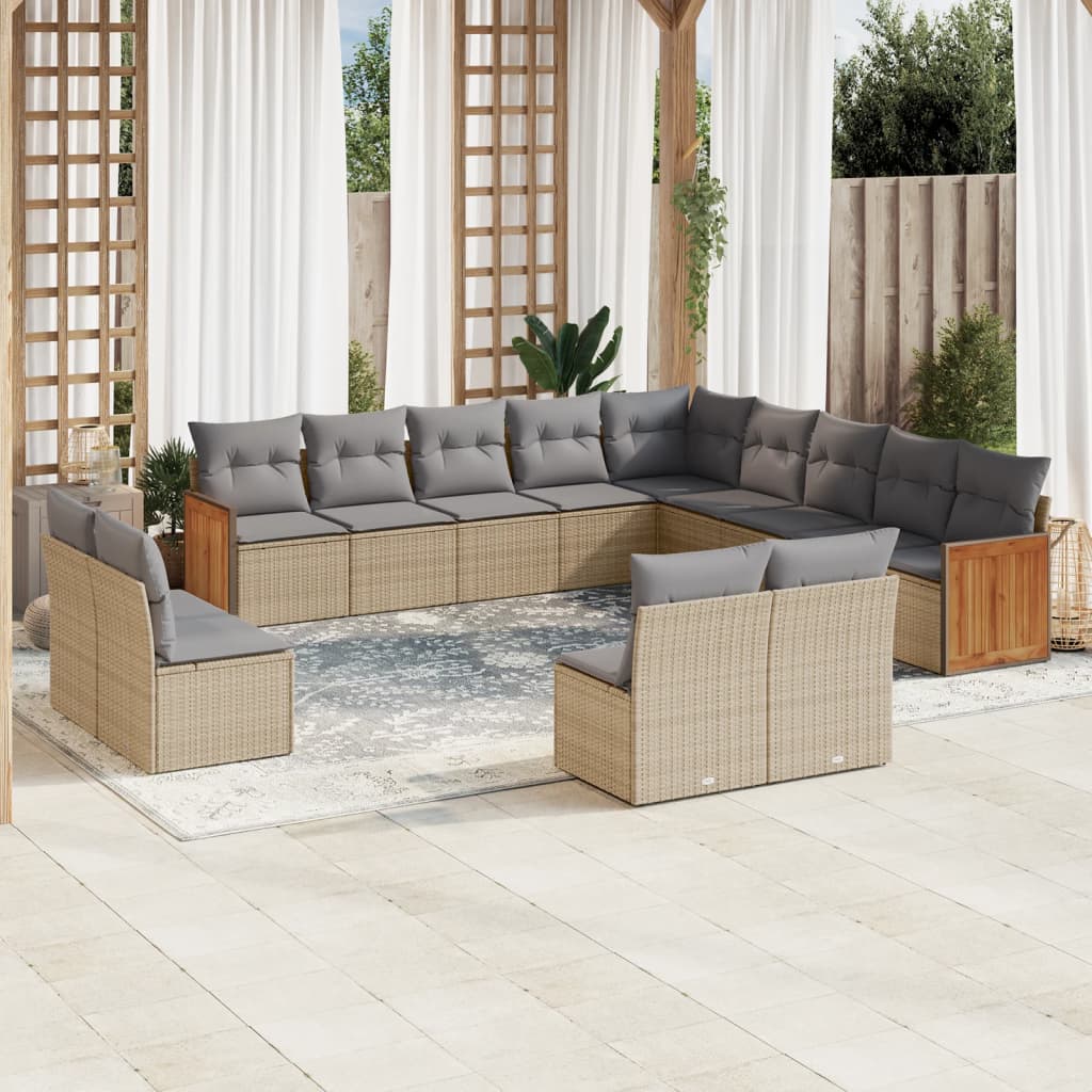 vidaXL 13-tlg. Garten-Sofagarnitur mit Kissen Beige Poly Rattan