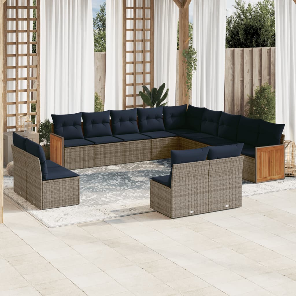 vidaXL 13-teiliges Gartensofa-Set mit Kissen, grau, Polyrattan