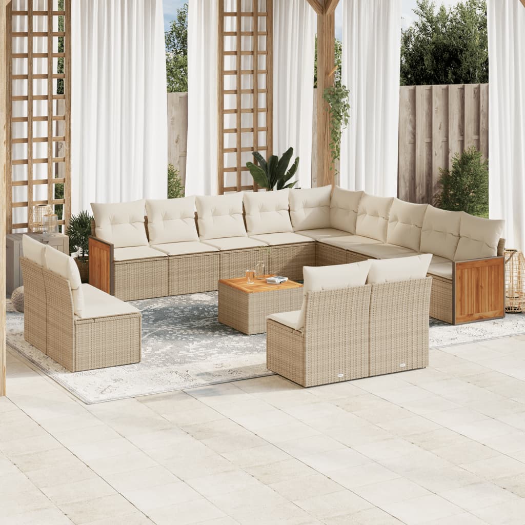 vidaXL 14-tlg. Garten-Sofagarnitur mit Kissen Beige Poly Rattan