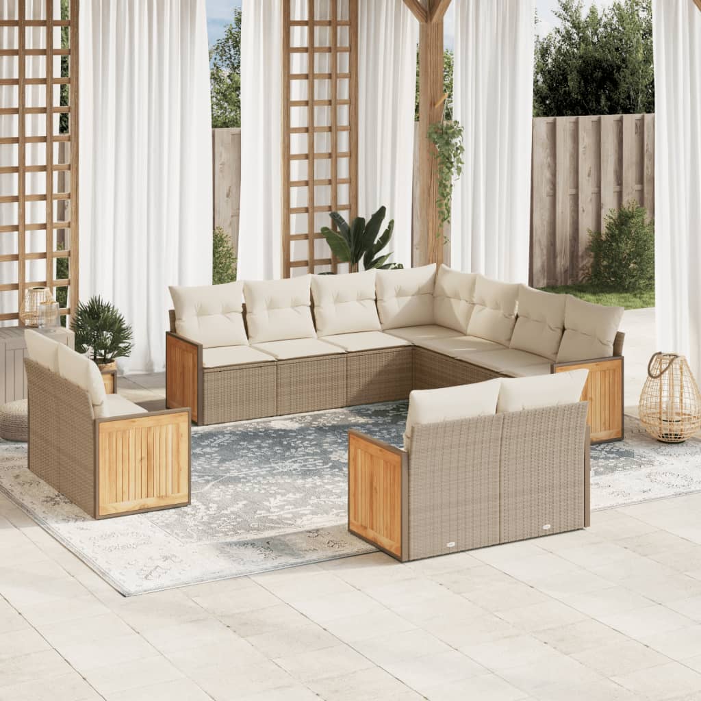 vidaXL 11-tlg. Garten-Sofagarnitur mit Kissen Beige Poly Rattan