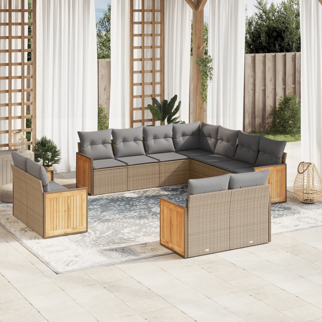 vidaXL 11-tlg. Garten-Sofagarnitur mit Kissen Beige Poly Rattan