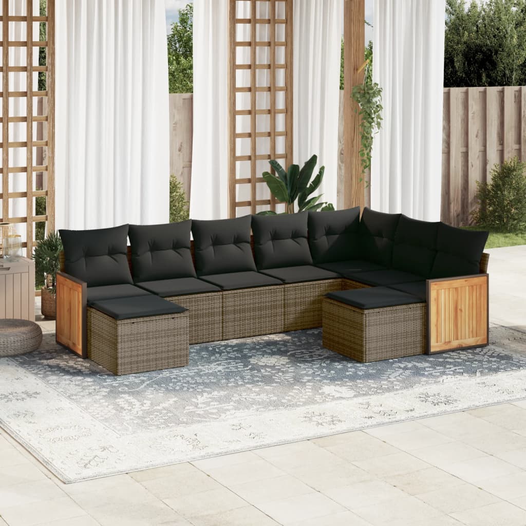 9-tlg. Garten-Sofagarnitur mit Kissen Grau Poly Rattan