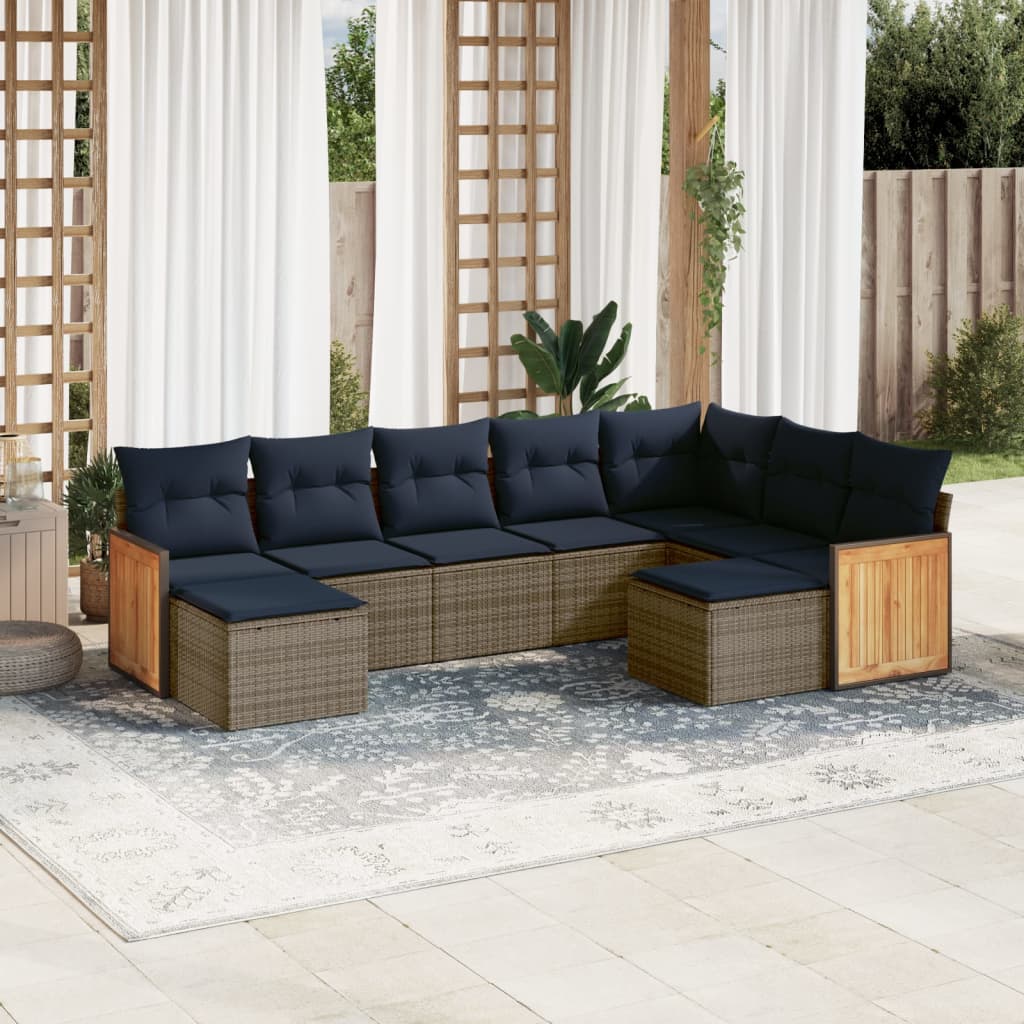vidaXL 9-teiliges Gartensofa-Set mit Kissen, grau, Polyrattan