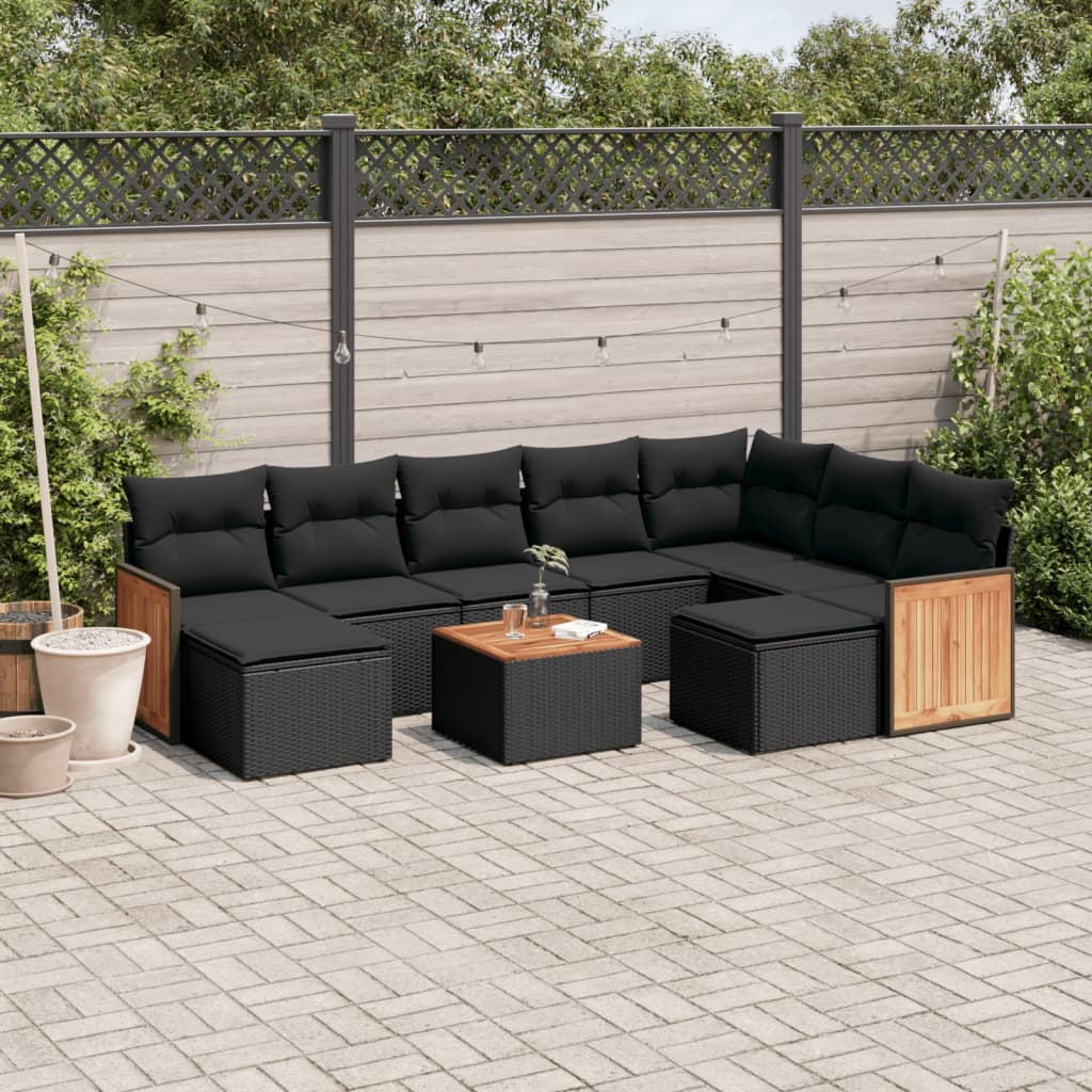 vidaXL 10-tlg. Garten-Sofagarnitur mit Kissen Schwarz Poly Rattan