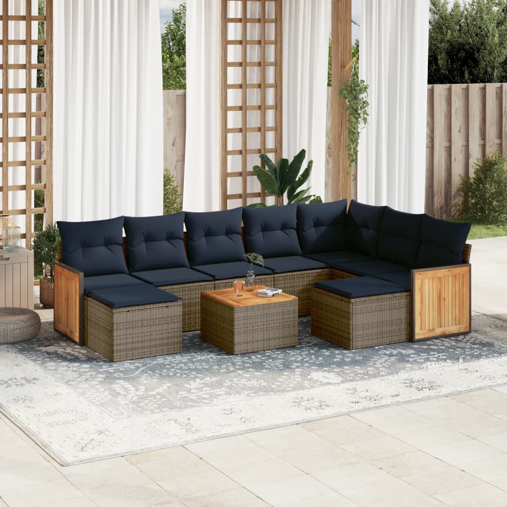 vidaXL 10-teiliges Gartensofa-Set mit Kissen, grau, Polyrattan