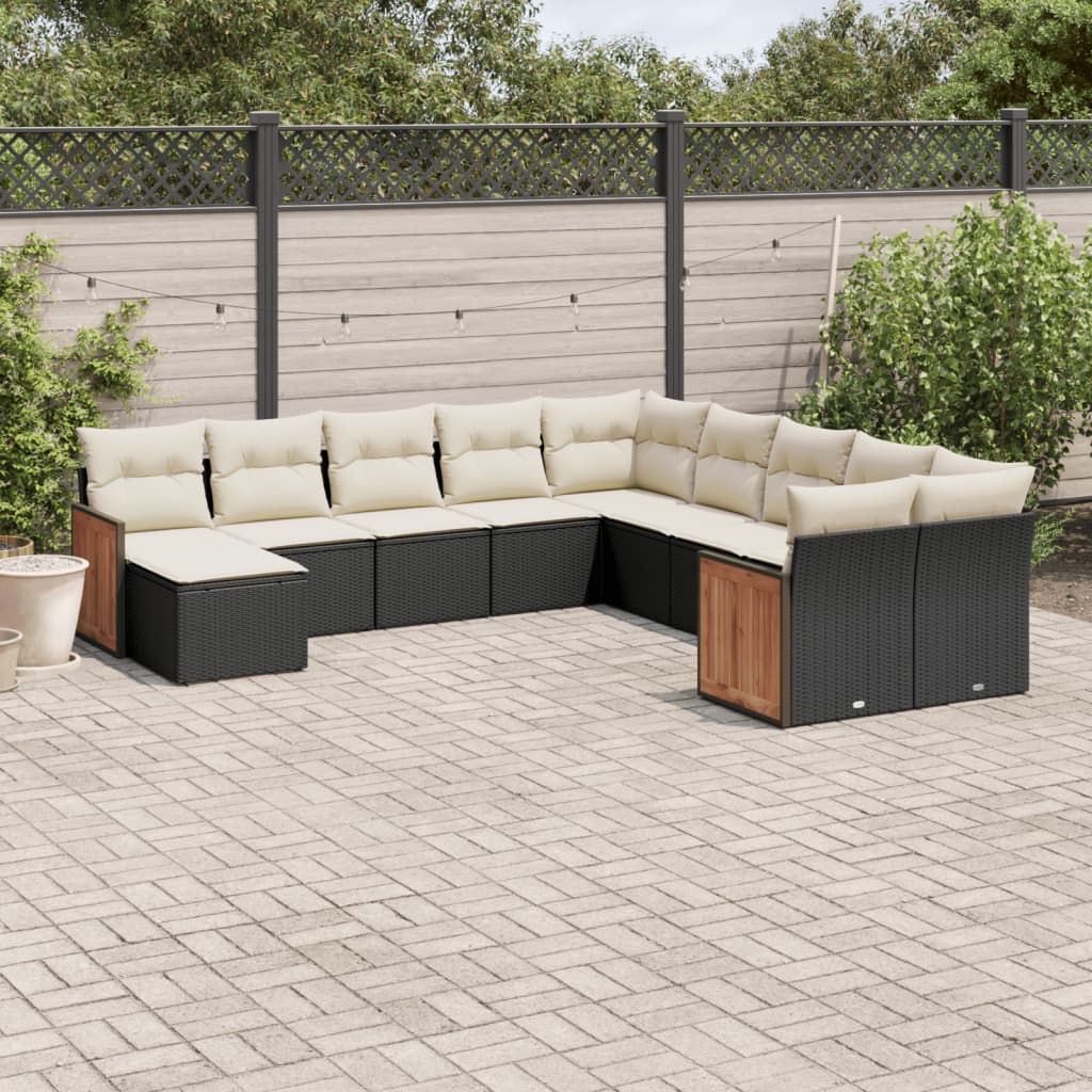 vidaXL 11-tlg. Garten-Sofagarnitur mit Kissen Schwarz Poly Rattan