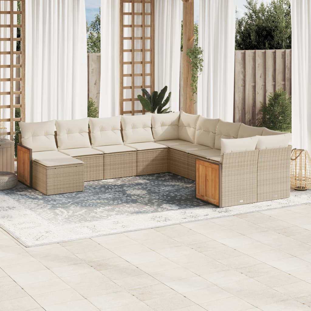 vidaXL 11-tlg. Garten-Sofagarnitur mit Kissen Beige Poly Rattan