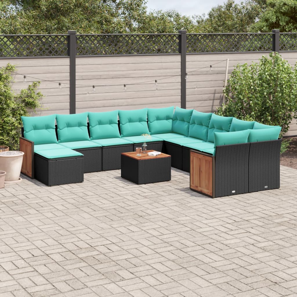 vidaXL 12-teiliges Gartensofa-Set mit Kissen, schwarzes Polyrattan