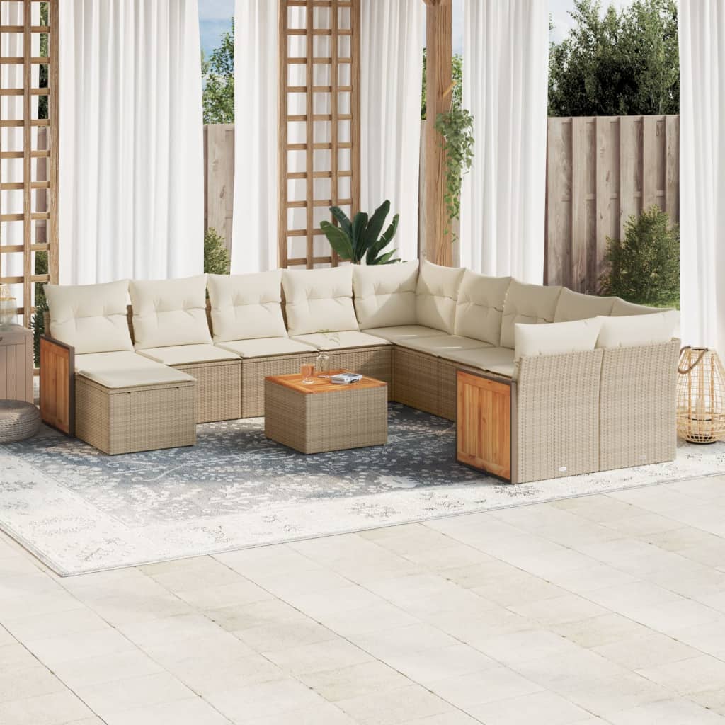 vidaXL 12-tlg. Garten-Sofagarnitur mit Kissen Beige Poly Rattan