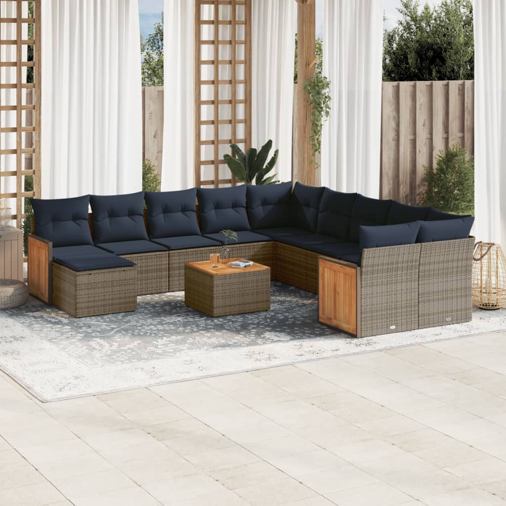 vidaXL 12-teiliges Gartensofa-Set mit Kissen, grau, Polyrattan