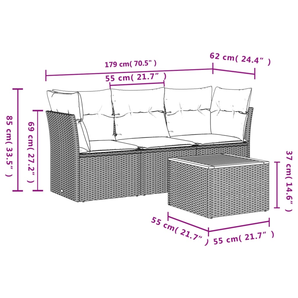 vidaXL 4-delige Loungeset met kussens poly rattan beige afbeelding