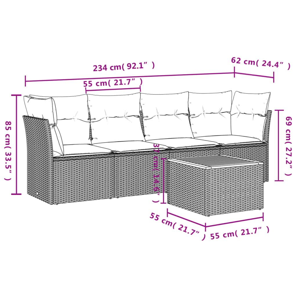 vidaXL 5-delige Loungeset met kussens poly rattan beige afbeelding