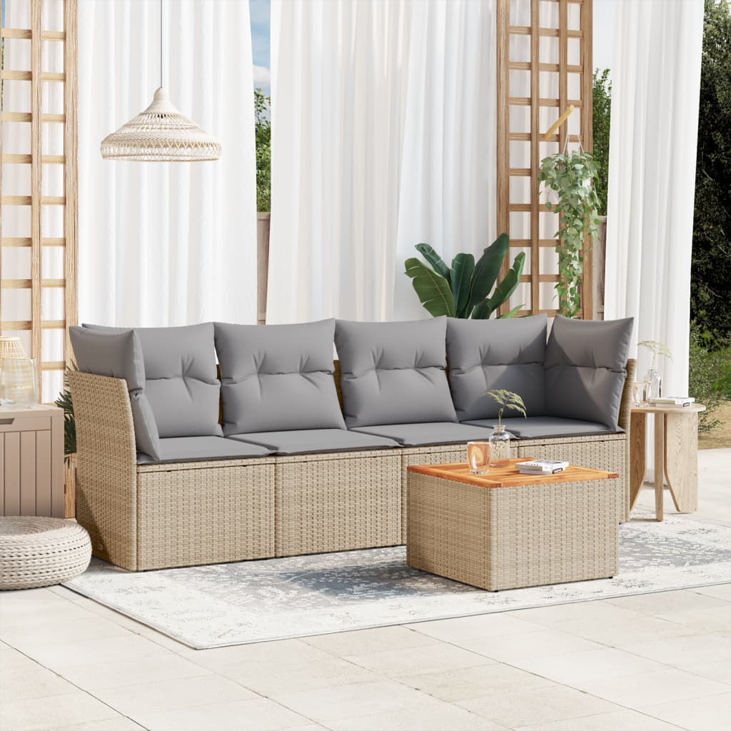 vidaXL 5-tlg. Garten-Sofagarnitur mit Kissen Beige Poly Rattan