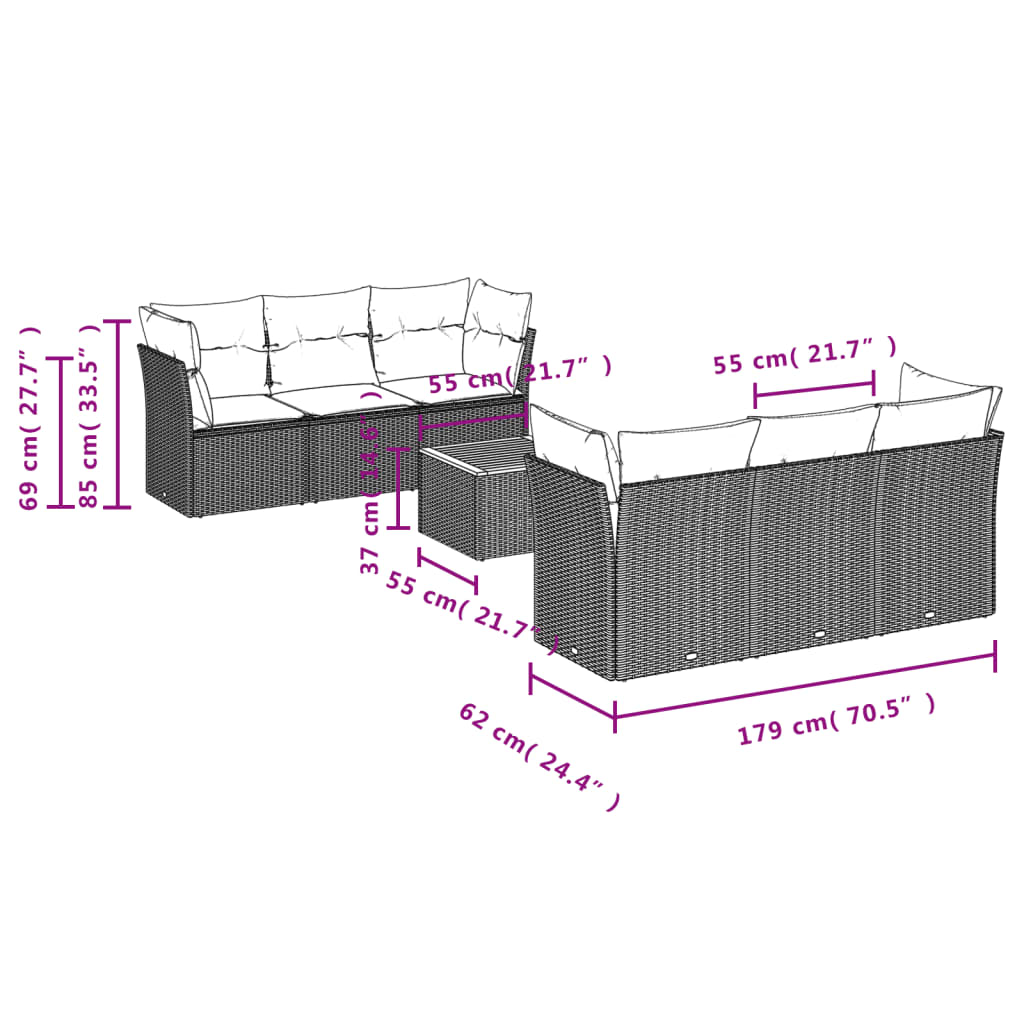 vidaXL 7-delige Loungeset met kussens poly rattan zwart afbeelding