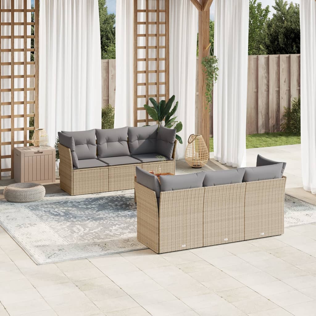 vidaXL 7-tlg. Garten-Sofagarnitur mit Kissen Beige Poly Rattan