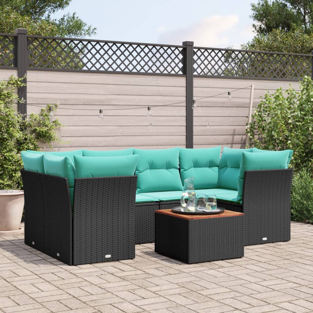 Set de sofás de jardín 7 pzas con cojines ratán sintético negro