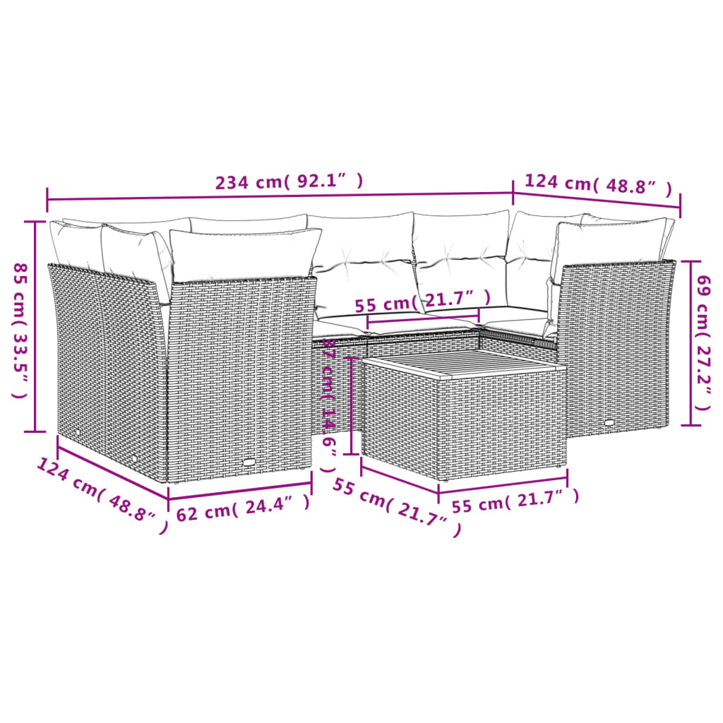 vidaXL 7-delige Loungeset met kussens poly rattan grijs afbeelding