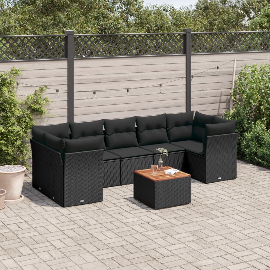 vidaXL 8-tlg. Garten-Sofagarnitur mit Kissen Schwarz Poly Rattan