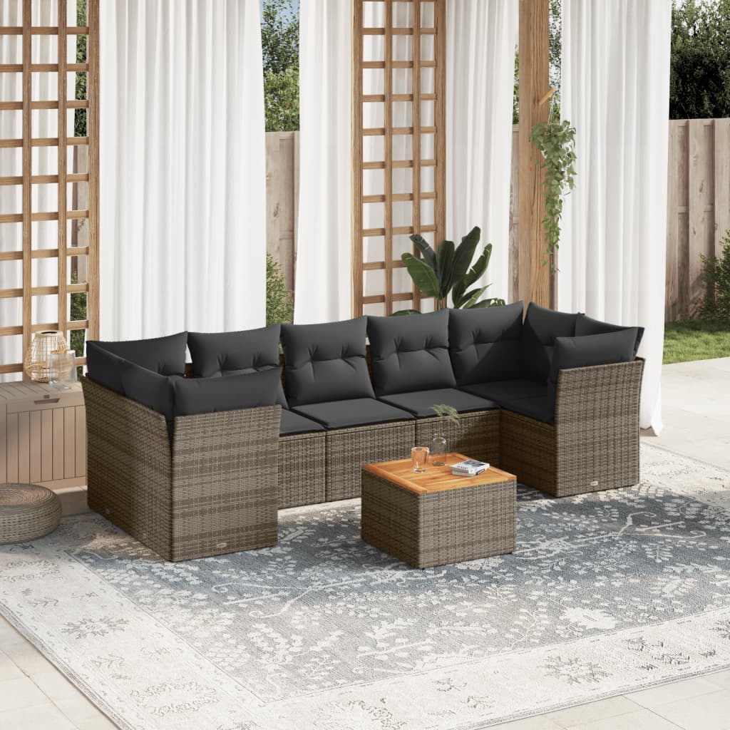 8-tlg. Garten-Sofagarnitur mit Kissen Grau Poly Rattan