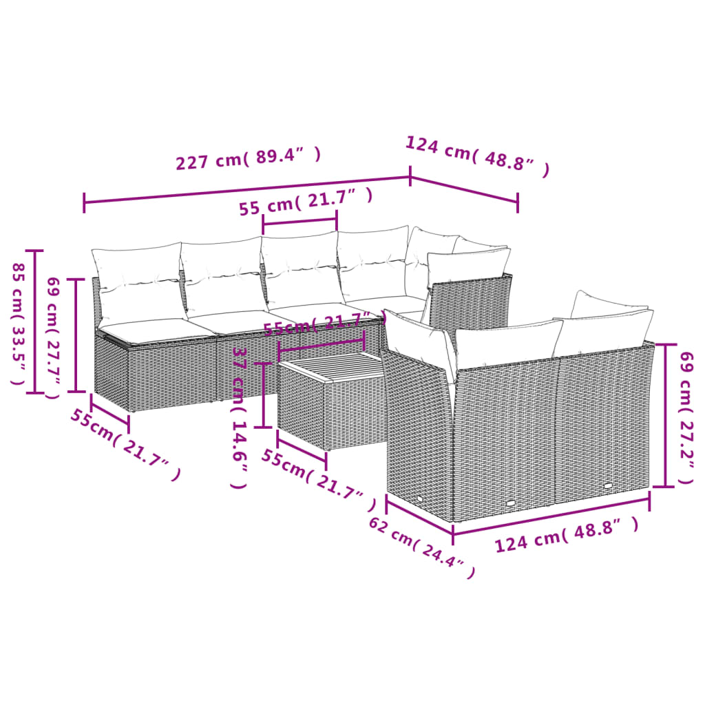 vidaXL 8-delige Loungeset met kussens poly rattan beige