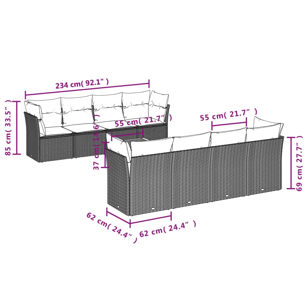 Set canapele de grădină, 9 piese, cu perne, gri, poliratan 3223526 - imagine 3