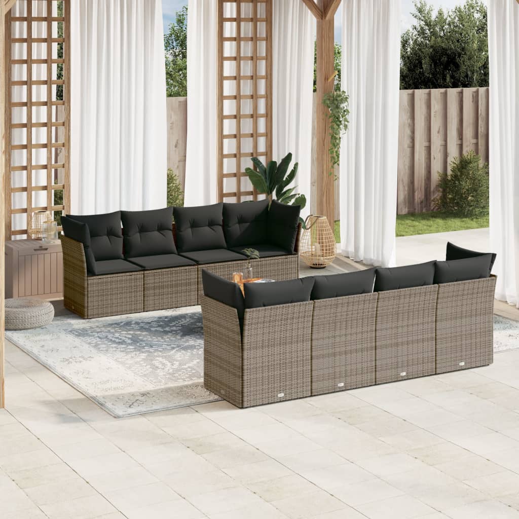 9-tlg. Garten-Sofagarnitur mit Kissen Grau Poly Rattan