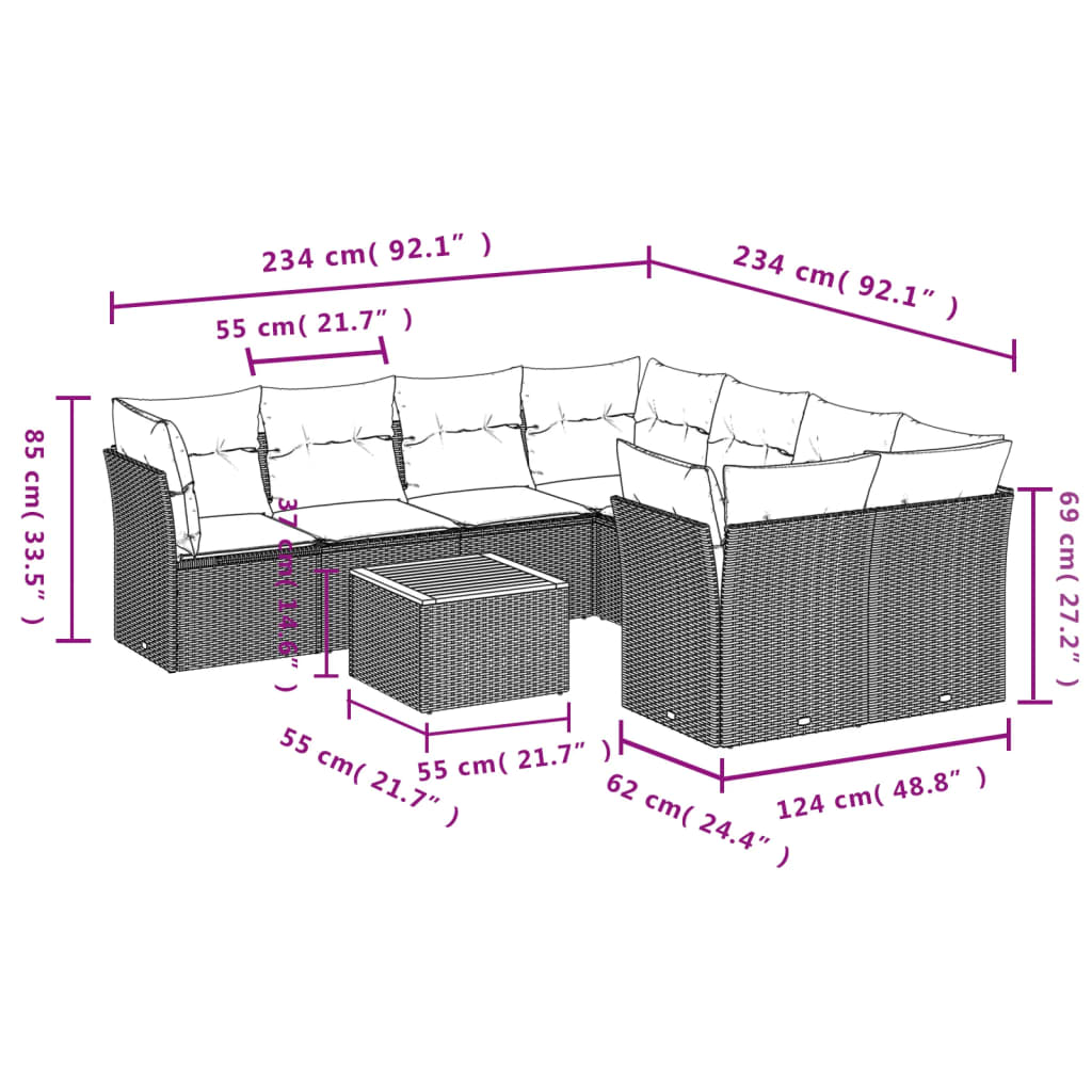 Set mobilier de grădină cu perne, 9 piese, negru, poliratan 3223528 - imagine 3