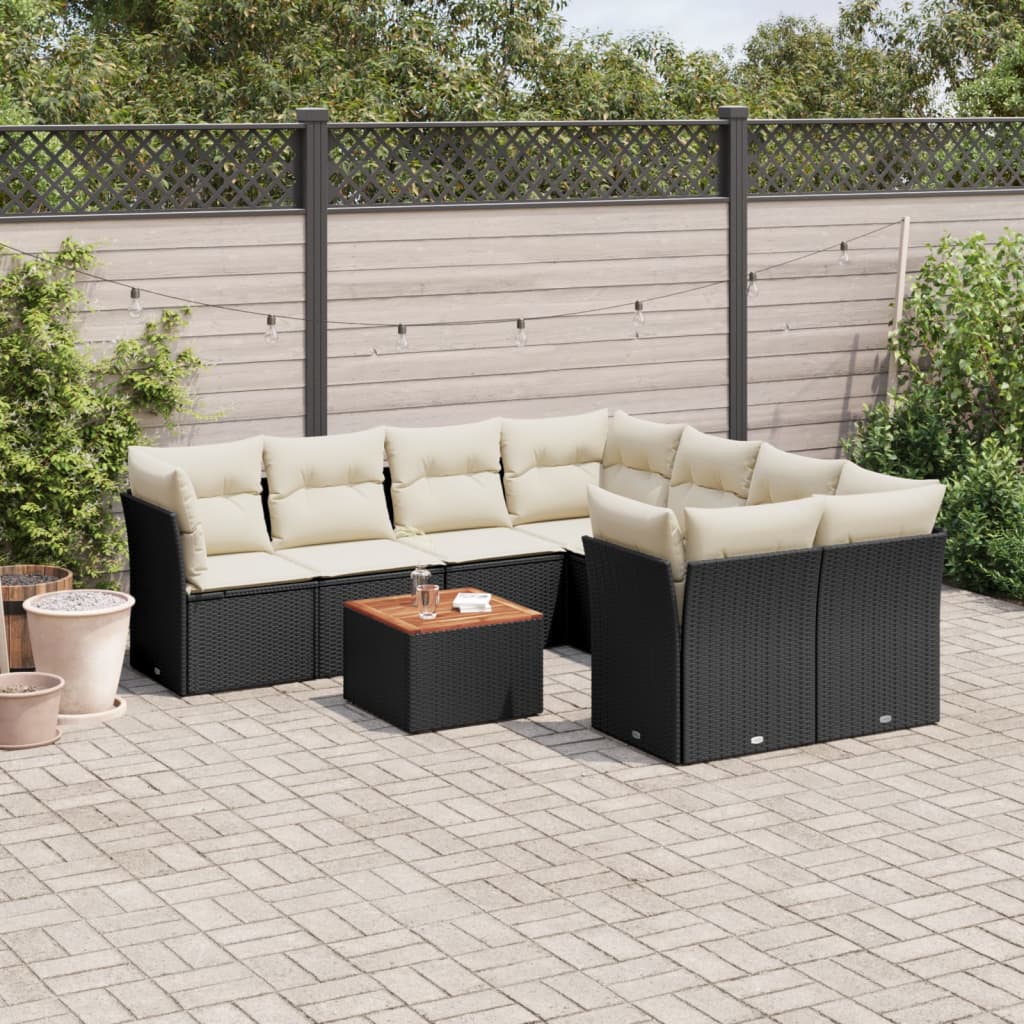 vidaXL Salon de jardin 9 pcs avec coussins noir résine tressée