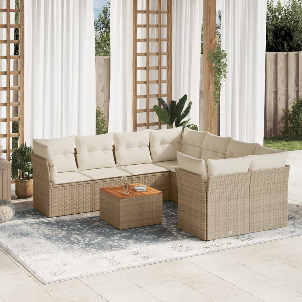 vidaXL 9-tlg. Garten-Sofagarnitur mit Kissen Beige Poly Rattan