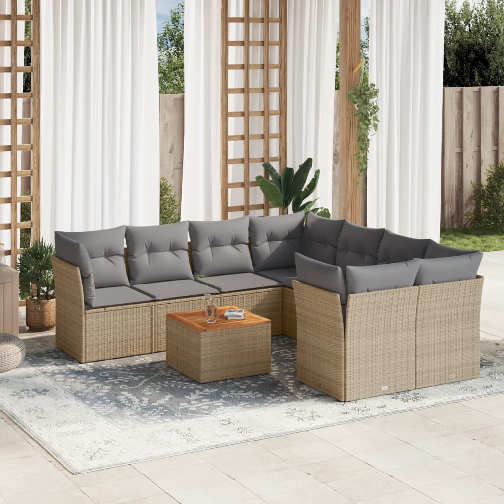 9-tlg. Garten-Sofagarnitur mit Kissen Beige Poly Rattan