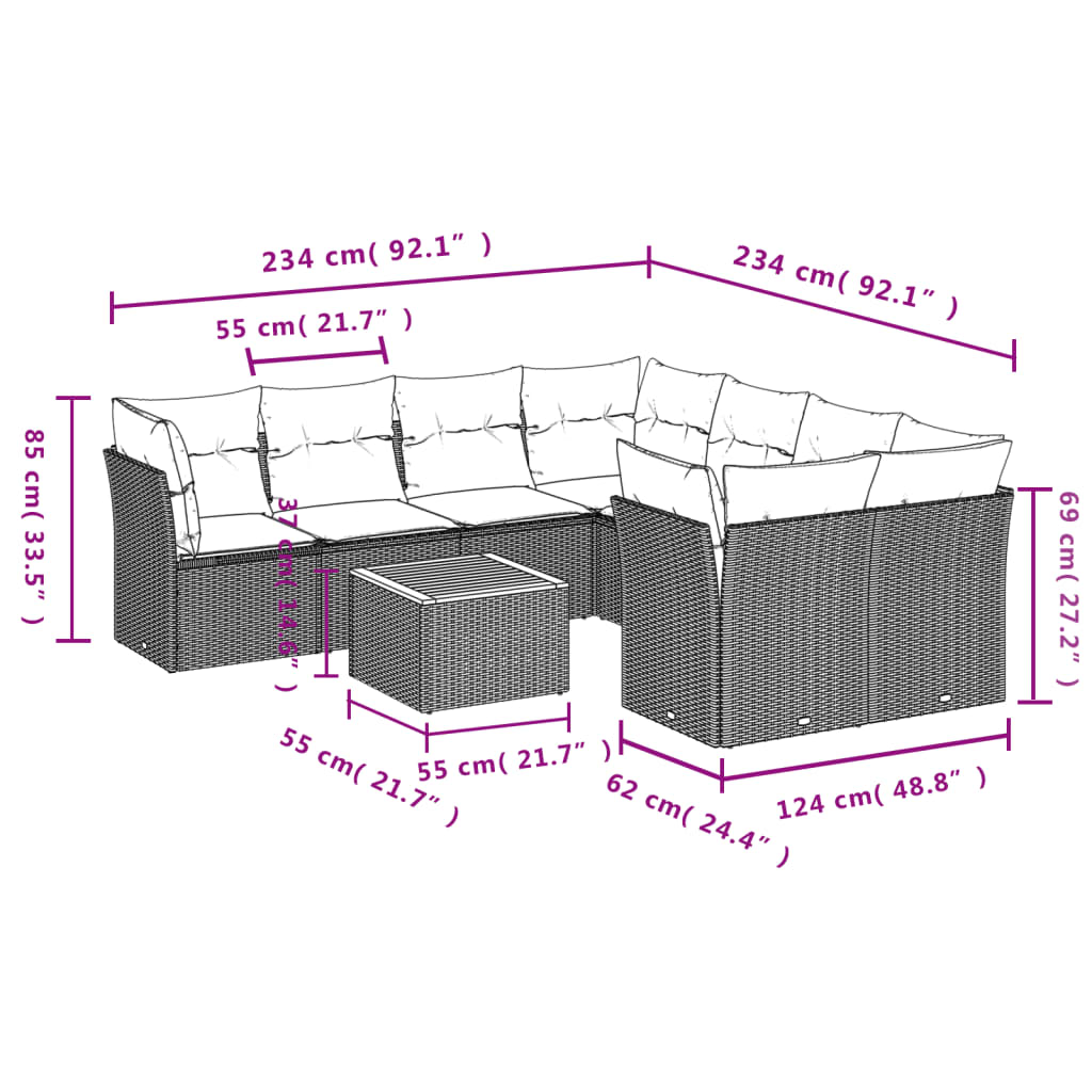 Set canapele de grădină, 9 piese, cu perne, gri, poliratan 3223533 - imagine 3