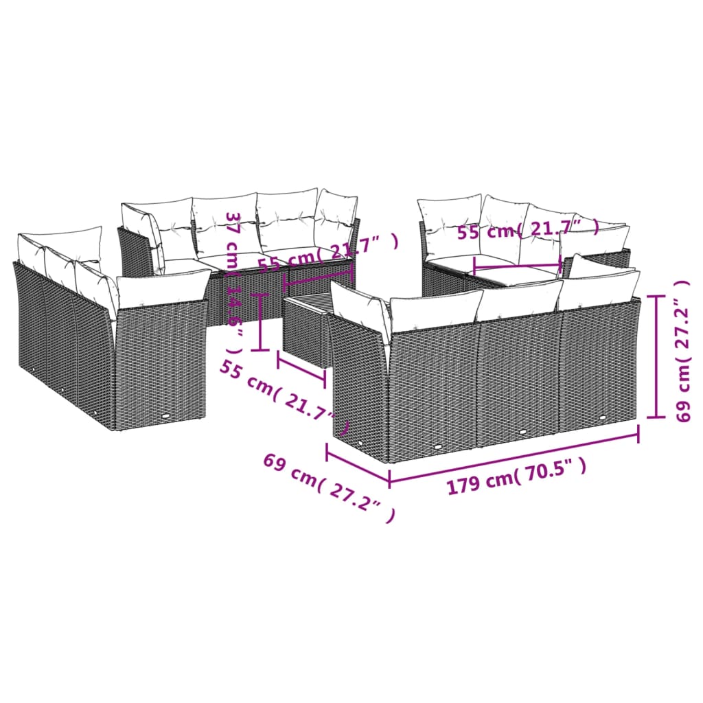 Set mobilier de grădină cu perne, 13 piese, gri, poliratan 3223540 - imagine 3