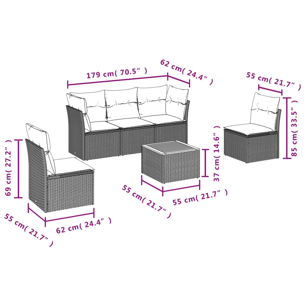 Set mobilier de grădină cu perne, 6 piese, negru, poliratan 3223542 - imagine 3