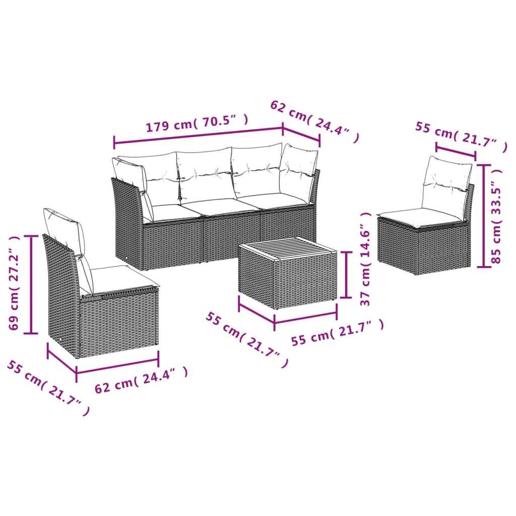 vidaXL 6-delige Loungeset met kussens poly rattan zwart afbeelding
