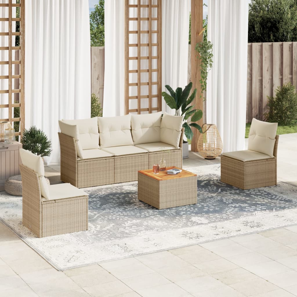 vidaXL 6-tlg. Garten-Sofagarnitur mit Kissen Beige Poly Rattan