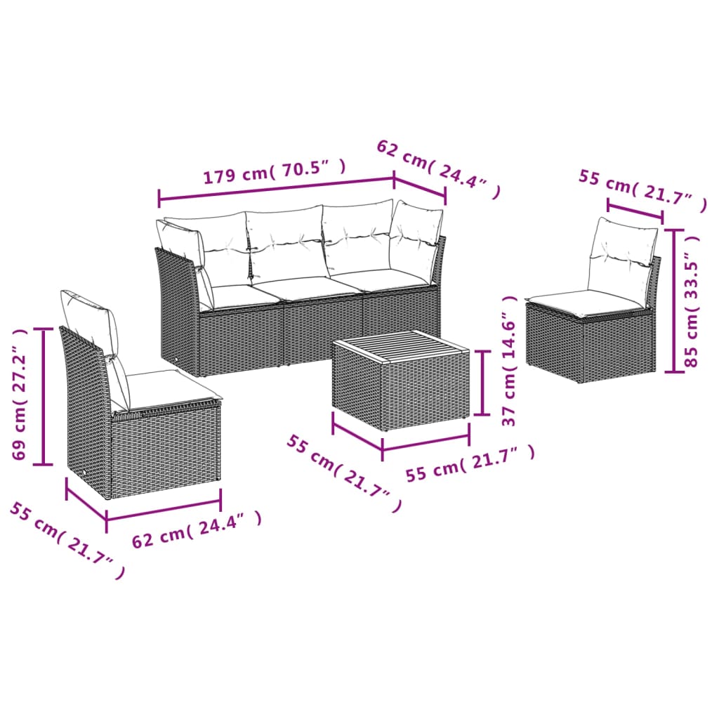 vidaXL 6-delige Loungeset met kussens poly rattan grijs afbeelding
