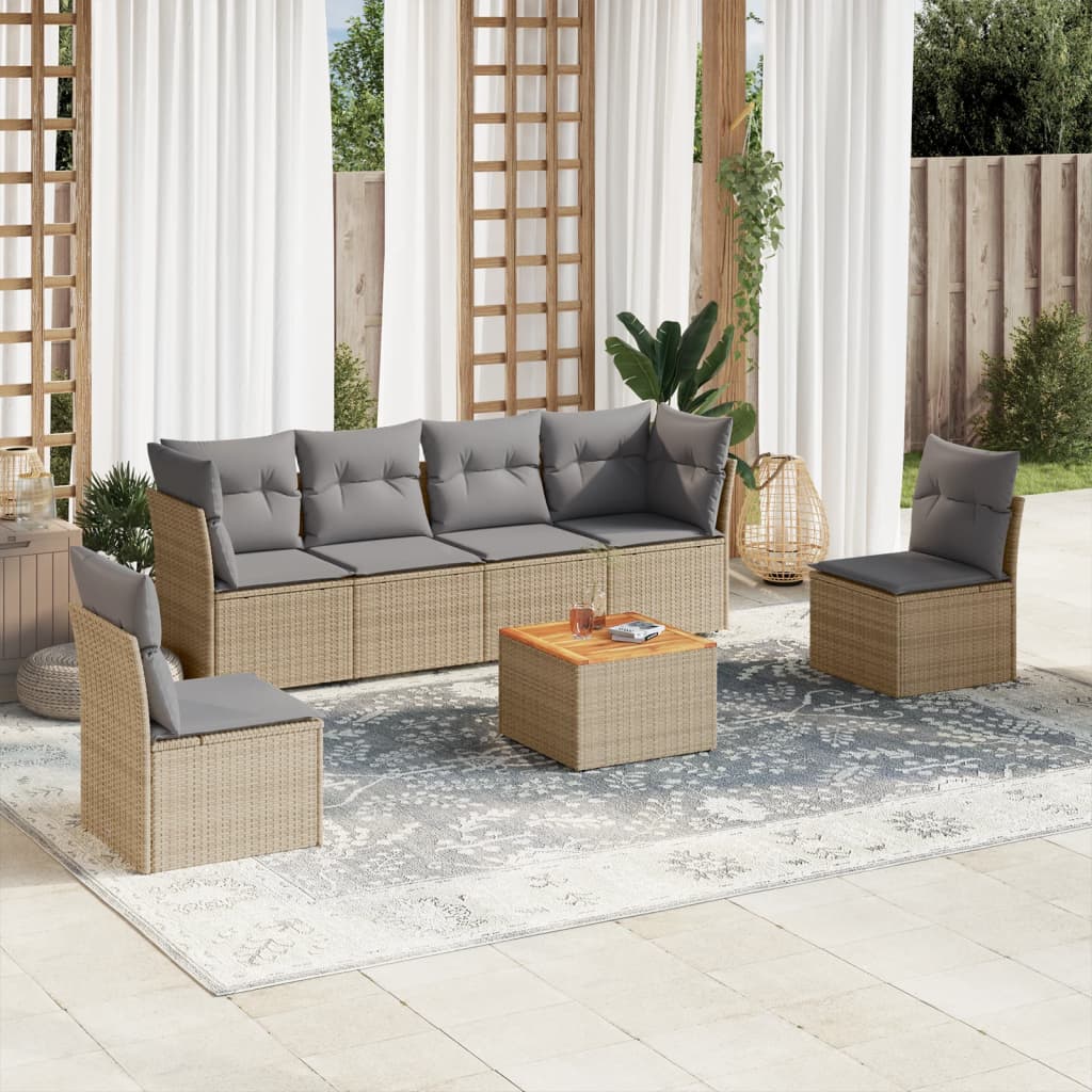 7-tlg. Garten-Sofagarnitur mit Kissen Beige Poly Rattan