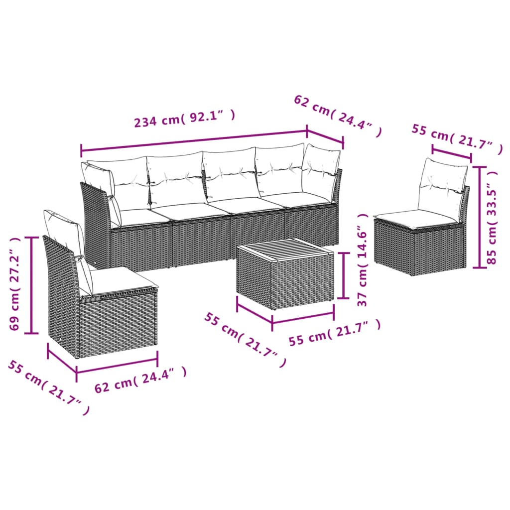 vidaXL 7-delige Loungeset met kussens poly rattan grijs afbeelding
