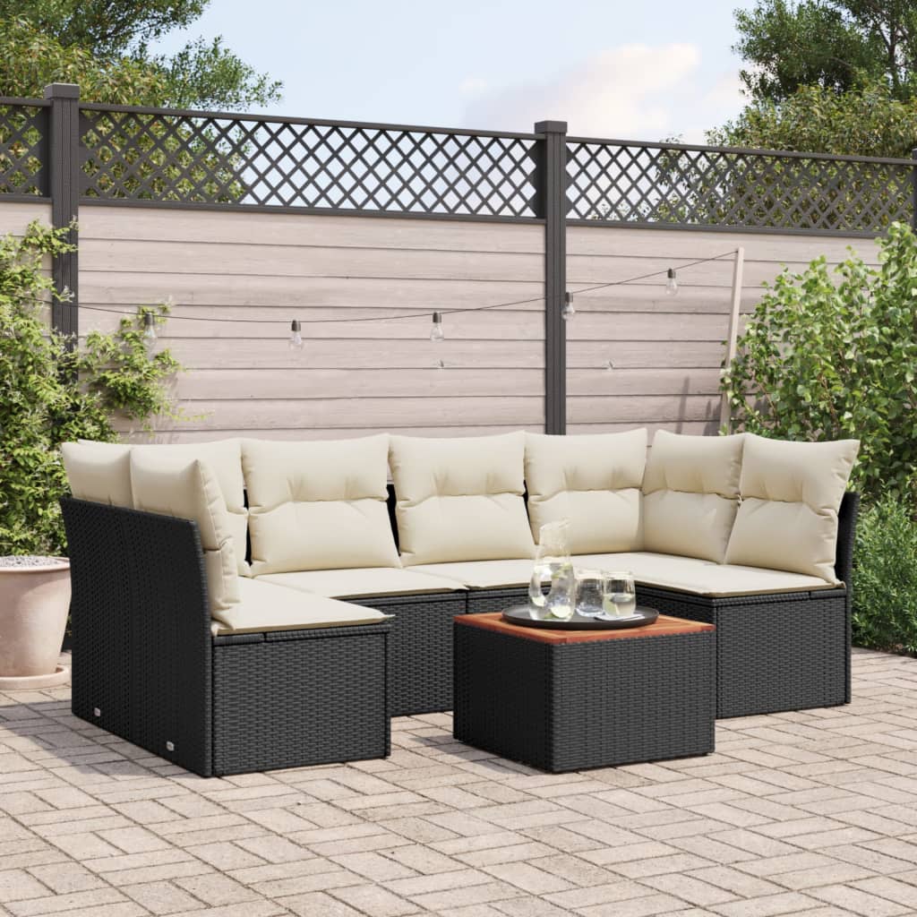 vidaXL 7-tlg. Garten-Sofagarnitur mit Kissen Schwarz Poly Rattan