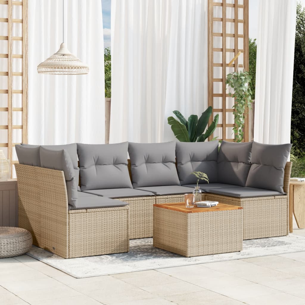 7-tlg. Garten-Sofagarnitur mit Kissen Beige Poly Rattan