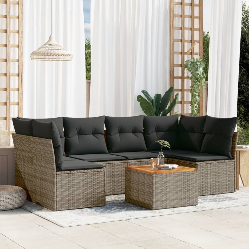 7-tlg. Garten-Sofagarnitur mit Kissen Grau Poly Rattan