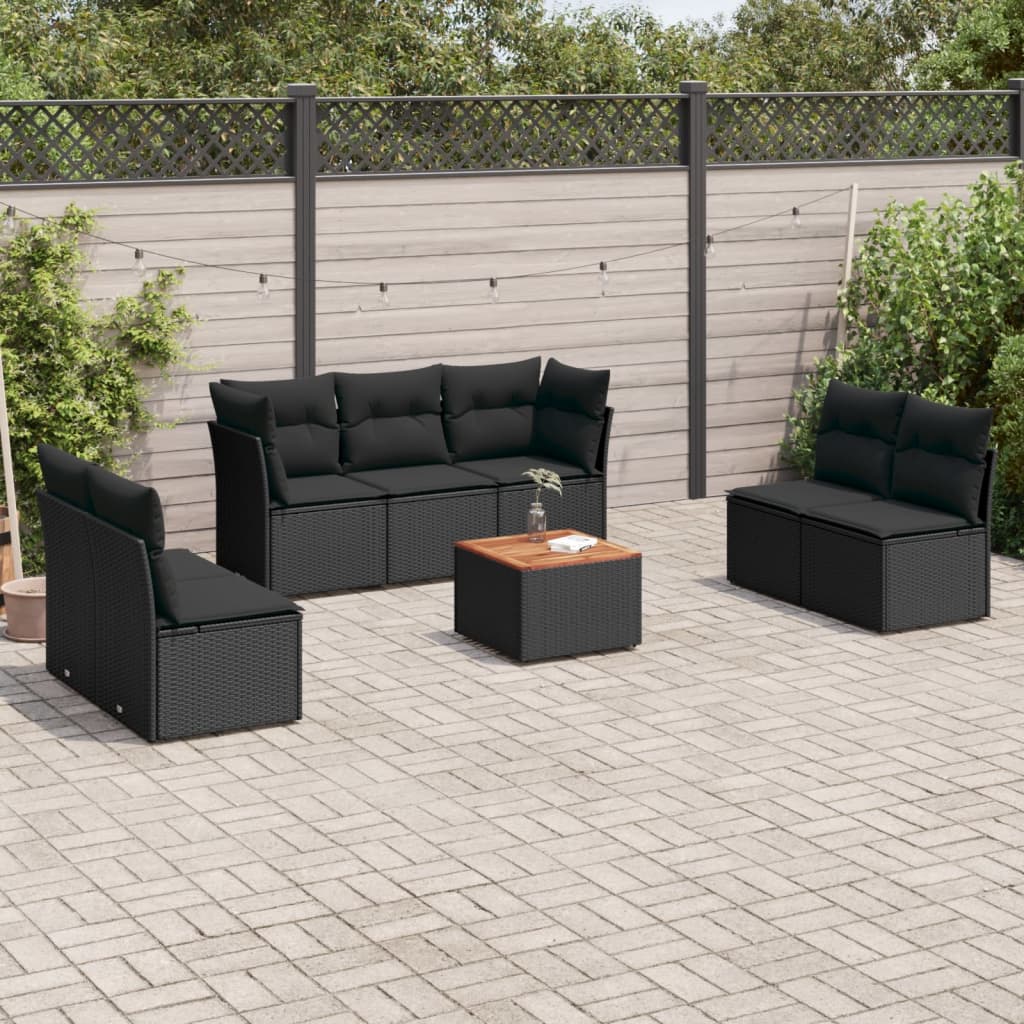 8-tlg. Garten-Sofagarnitur mit Kissen Schwarz Poly Rattan