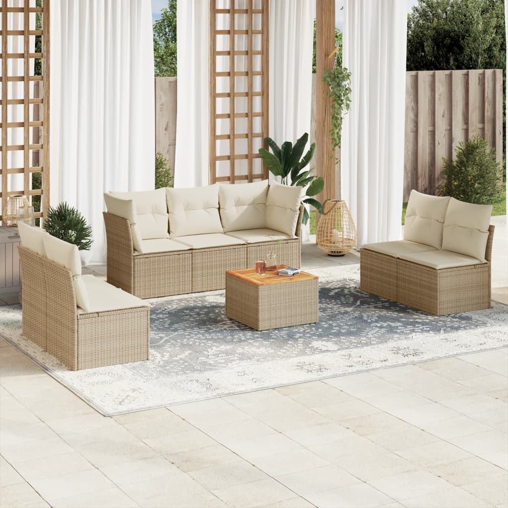 vidaXL 8-tlg. Garten-Sofagarnitur mit Kissen Beige Poly Rattan