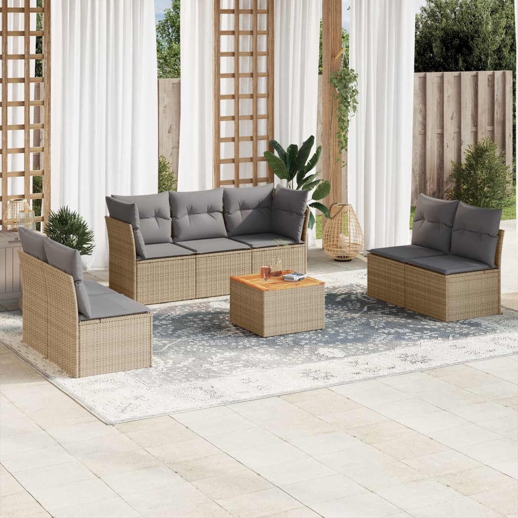 vidaXL 8-tlg. Garten-Sofagarnitur mit Kissen Beige Poly Rattan