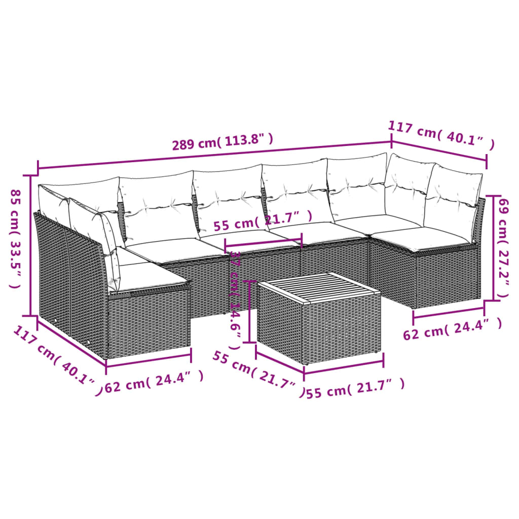 vidaXL 8-delige Loungeset met kussens poly rattan zwart afbeelding