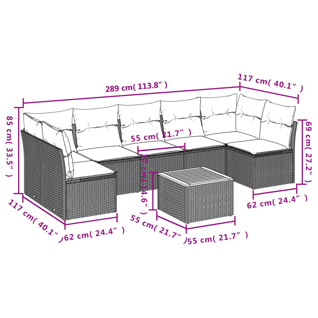 vidaXL 8-delige Loungeset met kussens poly rattan grijs afbeelding