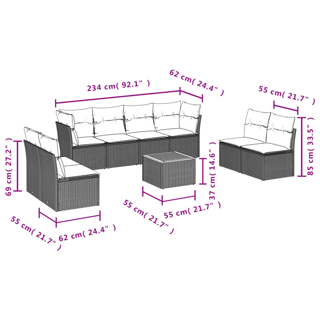vidaXL 9-delige Loungeset met kussens poly rattan zwart afbeelding